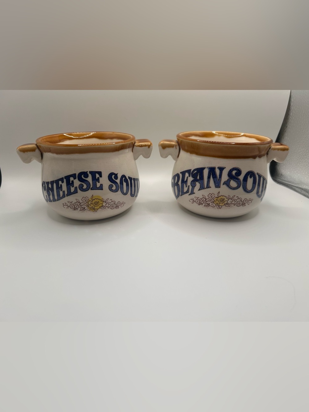 Vintage Japanese Soup Crocks Set | Cheese & Bean Bowls, Floral Stoneware (1980s)
